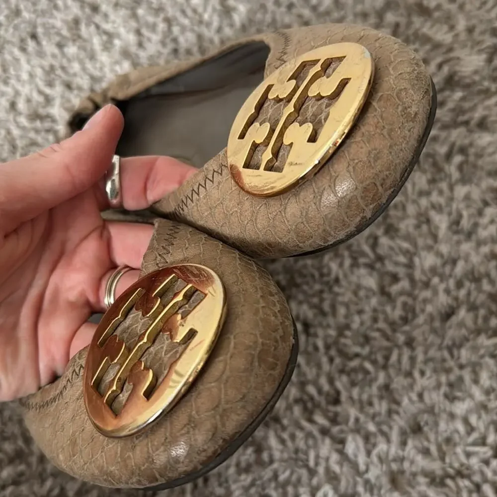 Tory Burch 8.5 Reva Tan Snake Print Flats with Gold Emblem